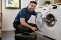 Symbolbild: Techniker repariert eine Waschmaschine